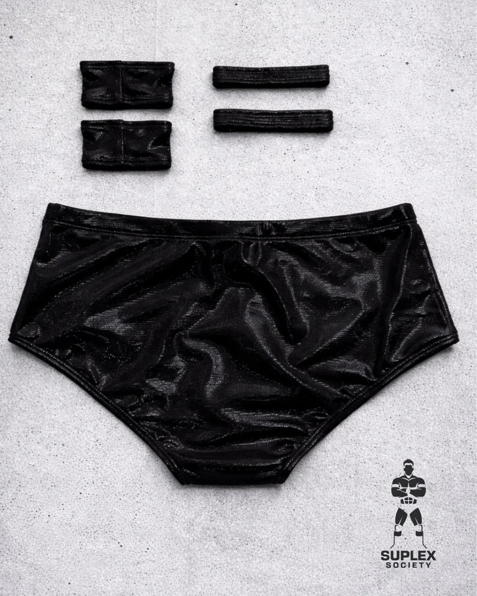Black Men’s Pro Wrestling Briefs – Matching Wrist and Bicep Bands, Athletic Ring Gear