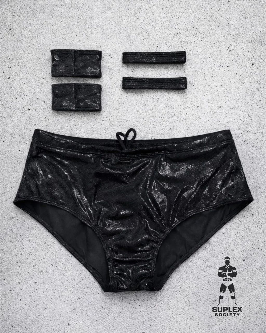 Black Men’s Pro Wrestling Briefs – Matching Wrist and Bicep Bands, Athletic Ring Gear