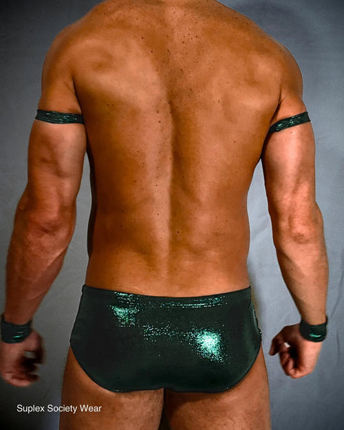 Green Men’s Pro Wrestling Briefs – Matching Wrist and Bicep Bands, Athletic Ring Gear