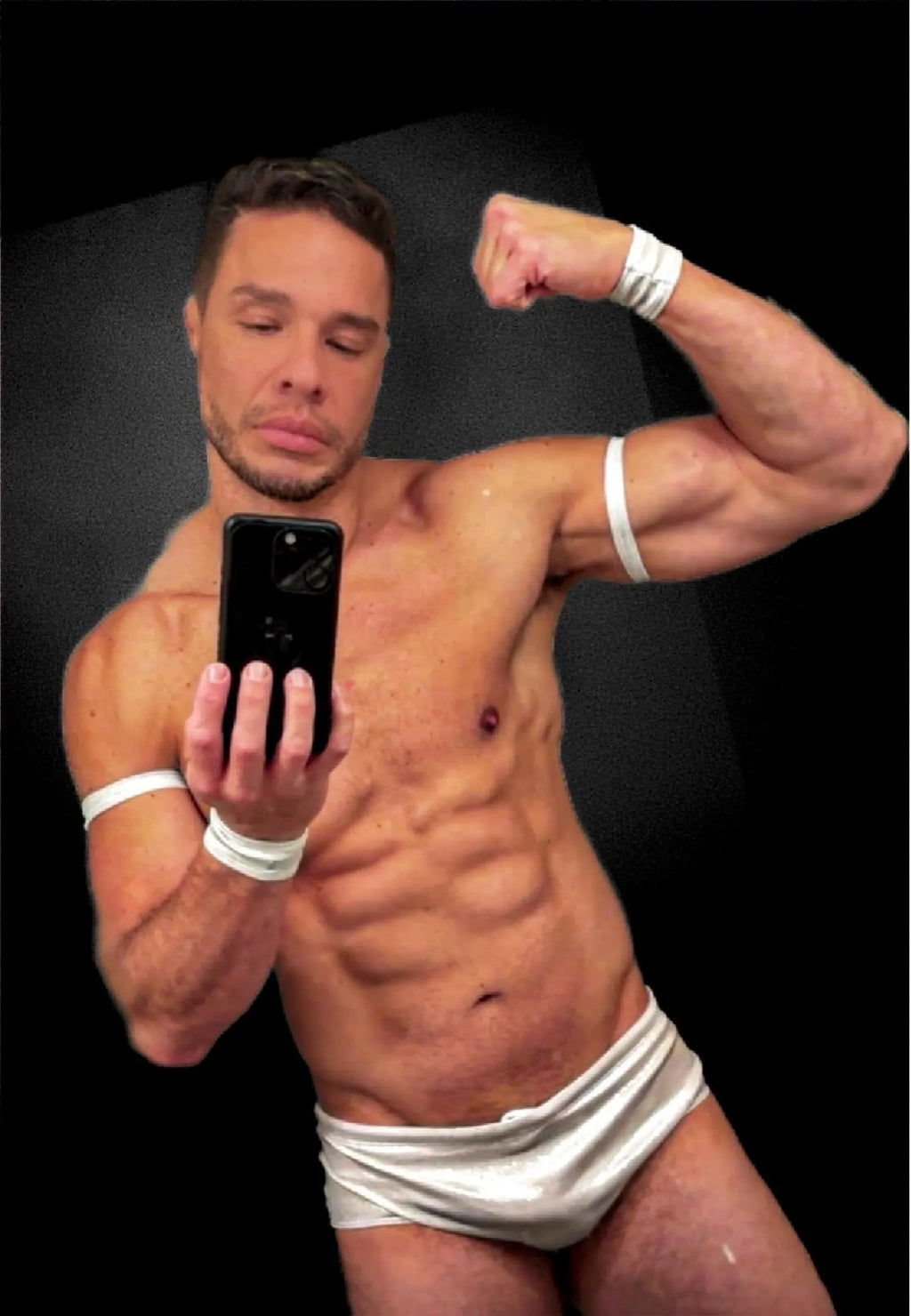 White Men’s Pro Wrestling Briefs – Matching Wrist and Bicep Bands, Athletic Ring Gear