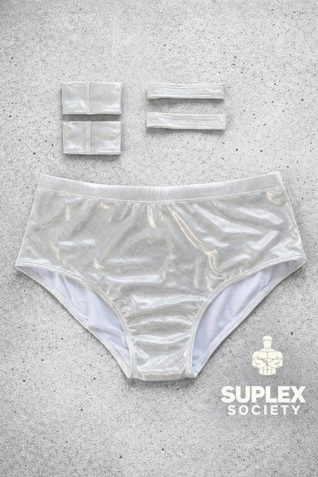 White Men’s Pro Wrestling Briefs – Matching Wrist and Bicep Bands, Athletic Ring Gear