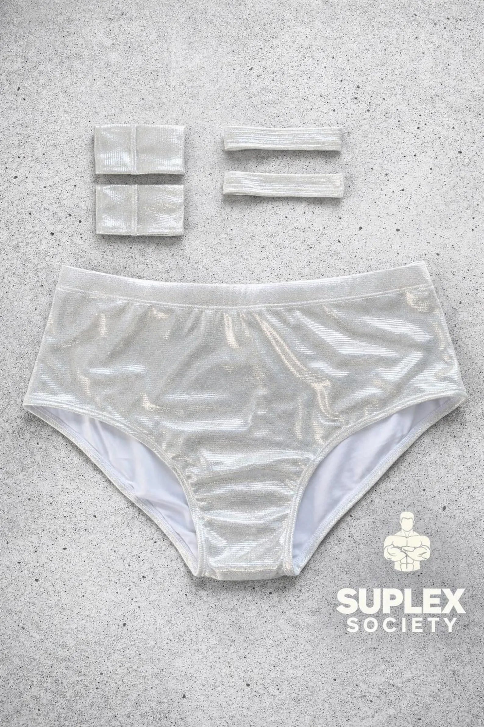 White Men’s Pro Wrestling Briefs – Matching Wrist and Bicep Bands, Athletic Ring Gear
