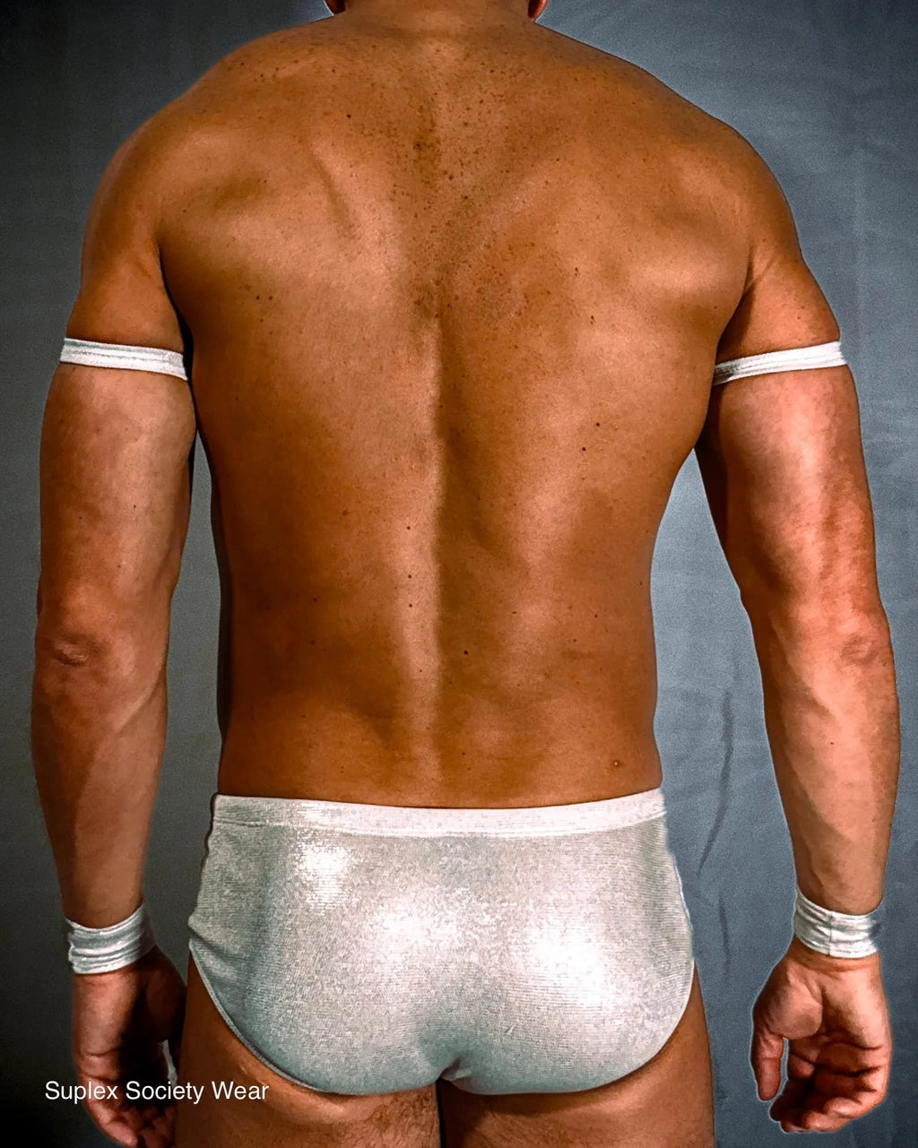 White Men’s Pro Wrestling Briefs – Matching Wrist and Bicep Bands, Athletic Ring Gear